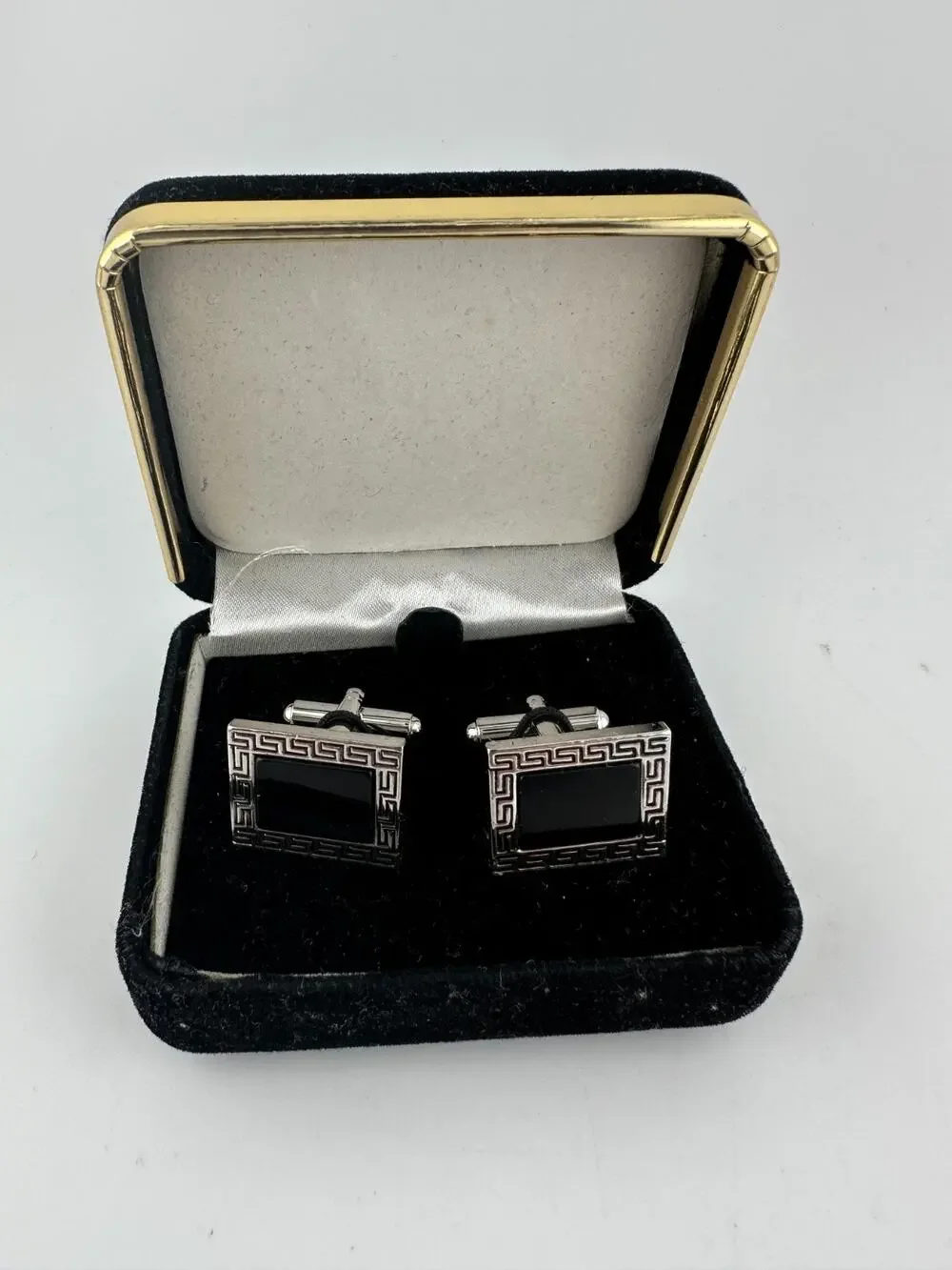 Men’s Silver Black Rectangle Cufflinks Set w/ Gift Box Formal Dress Shirt